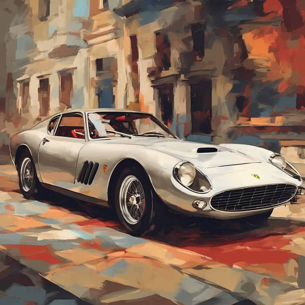Ferrari 250 GTO σε καλλιτεχνική απεικόνιση σε ιστορικό αστικό περιβάλλον, συνδυάζοντας τέχνη και ταξίδι.