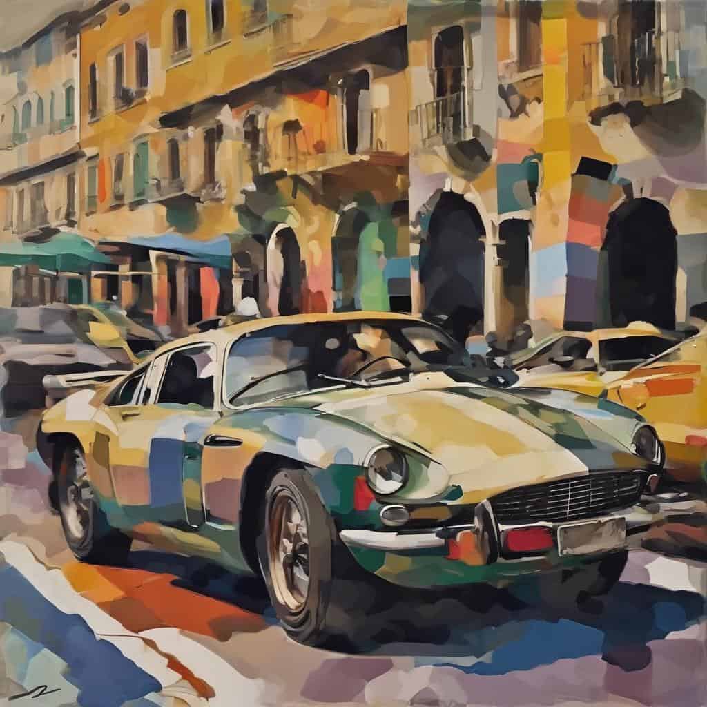 Classic car on colorful European city street painted with artistic brushstrokes.