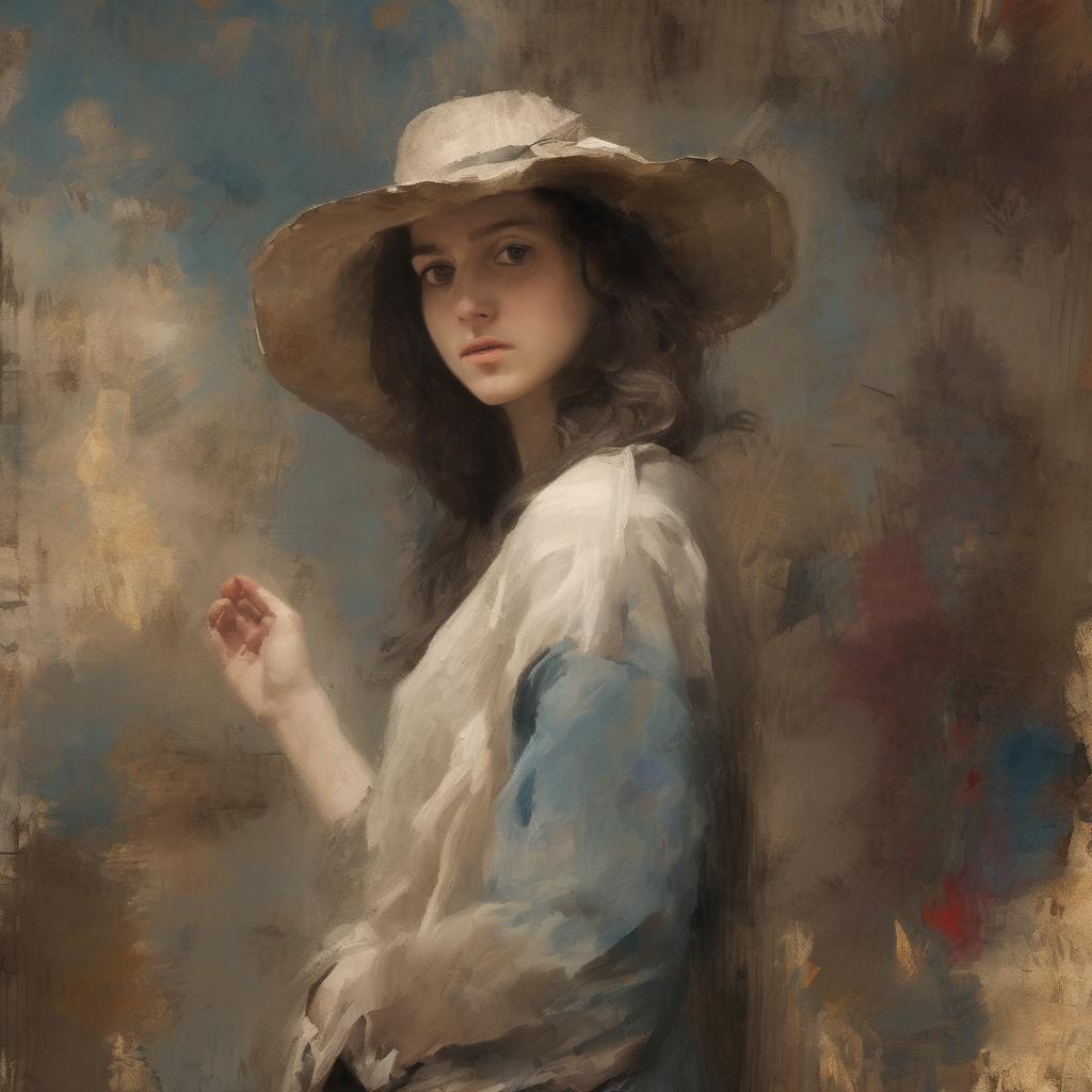 Φίλτρο γυναίκας σε καπέλο και φόρεμα, τέχνη και ταξίδι, πολιτισμικές εμπειρίες, καμβάς με ζωγραφική, διάσημη ελληνική και παγκόσμια τέχνη, ταξιδιωτικές αναμνήσεις.