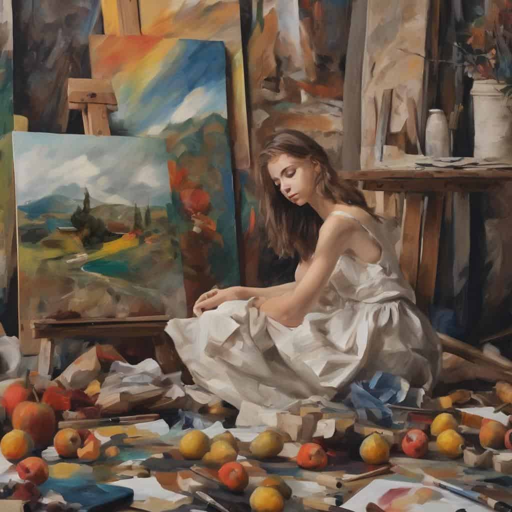 Καλλιτέχνης κοπέλα ζωγραφίζει τοπίο σε στούντιο τέχνης, περιβάλλεται από πίνακες, χρώματα και μήλα, εκφράζοντας πολιτισμικές εμπειρίες και δημιουργικότητα.